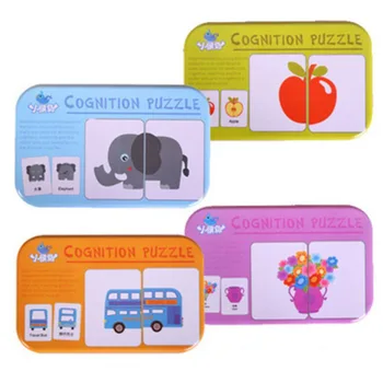 32 Buc Copil Copii Copii Cunoaștere Puzzle Jucarii Cutie De Fier Carduri De Potrivire Joc Cognitive Card De Fructe Viața Animală Set