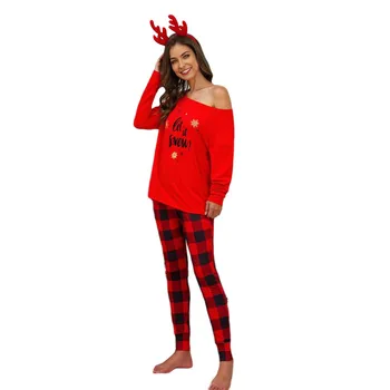 Femeile Scrisoare Top Carouri Pantaloni Costum De Crăciun Guler Rotund Cu Maneca Lunga Tricou Vrac Elastic Pijama Set Haine, Acasa, Somn Purta