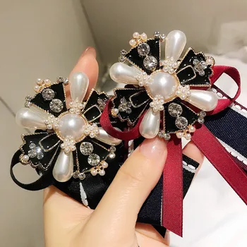 Coreeană Arta Pânză Papion Broșă Pin Perla de Cristal broșă și Broșe Rochie Cămașă Cravată Insigna Cadouri pentru Femei Accesorii