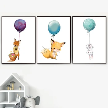 Balon Vulpe Iepure Mouse-Ul Arici Desene Animate Nordic Postere Si Printuri De Arta De Perete Panza Pictura Pe Perete Imagini Pentru Decor Camera Pentru Copii