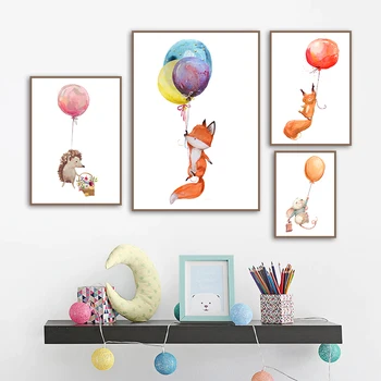 Balon Vulpe Iepure Mouse-Ul Arici Desene Animate Nordic Postere Si Printuri De Arta De Perete Panza Pictura Pe Perete Imagini Pentru Decor Camera Pentru Copii