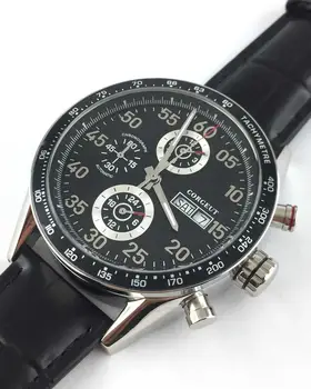 Corgeut 44mm cadran negru din piele data mișcarea automată de moda pentru bărbați ceas din oțel inoxidabil caz impermeabil ceas mecanic
