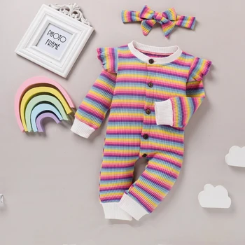 Copil nou-născut Fată de Primăvară Cădea Tinuta plina de culoare cu Dungi cu Maneci Lungi Zburli Romper + Banda 2 buc Set Haine 2020