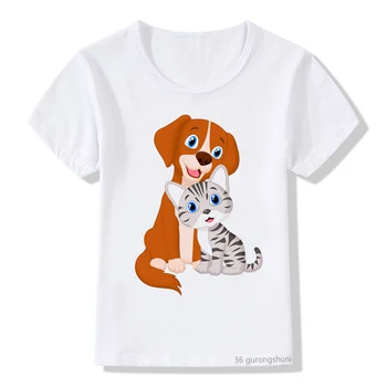 Kawaii copii t-shirt amuzant câine și pisică desene animate print graphic t camasa baiat fata Harajuku maneca scurta copii top casual cu ridicata
