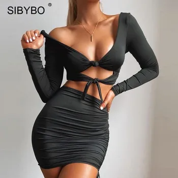 Sibybo Sexy V-Neck Bodycon Rochie De Femei Din Două Piese Set Topuri De Cultură Cordon Rochii Mini 2021 Femme Slab Ruched Petrecere Vestidos
