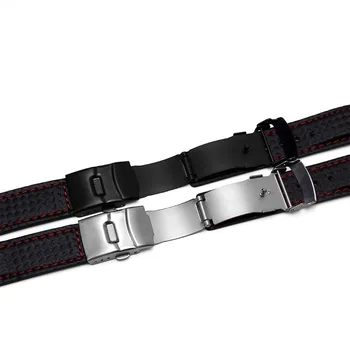NOUL Stil din piele din fibra de carbon curea de ceas din piele împletit roșu 20mm 22mm Black cu pliere catarama