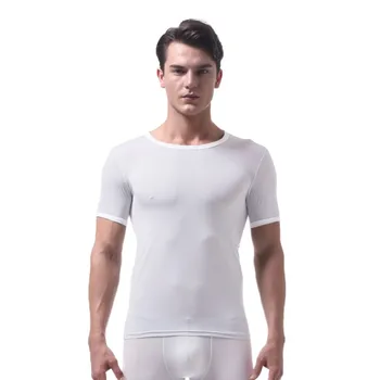 Omul Maieuri de Matase de Gheață Ultra-subțire Pur T Shirt Mâneci Scurte Vedea Prin Topuri de Fitness Sleepwear Camisetas Plus Dimensiune Top Tee