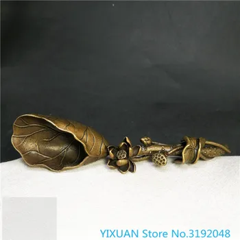 Bronz sculptură frunze de lotus bronz ceai lopata articole din bronz cu ceai de hrană pentru animale de companie lopata alamă miniatură sculptate maner bronz antic wa