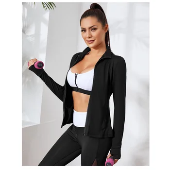 Femei versatil, cu maneca lunga cu fermoar top cardigan de fitness de funcționare vânt cald sacou negru strâns sport respirabil Yoga costum
