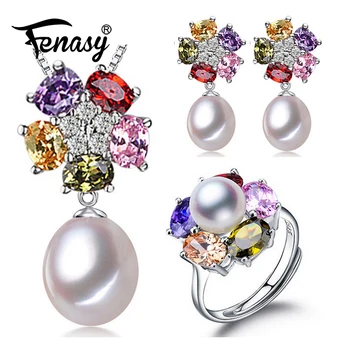 FENASY roz de cristal Pearl Bijuterii Seturi de flori s925 argint Cercei Perla inel Pandantive pentru femei petrecerea de aniversare cadou