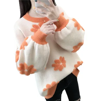 2020 femeii pulover de primăvară și de toamnă solid de culoare broderie cu mâneci lungi rotunde gât tricot gros cald