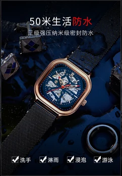 Bărbați ceas brand de top de lux ceas skeleton mecanic caz pătrat roșu ac cronograf lux casual design