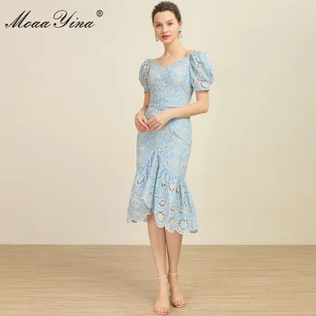 MoaaYina Designer de Moda rochie de Primavara-Vara Lace up Rochie de Femei Puff Maneca Gol Afară de Broderie Rochii Sirena