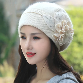 Bereta Femei Pălărie De Iarnă Angora Knit Beanie Toamnă Caldă De Flori Straturi Duble De Schi În Aer Liber Accesoriu Pentru Femei Articole Pentru Acoperirea Capului
