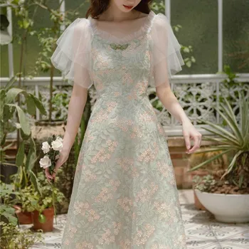 Vară Rochie Floral Pentru Femei Elegante De Epocă Retro Zână Rochie Casual Slim Fit Brodate Dantelă Coreean Dulce Rochie De Femei 2020 Nou