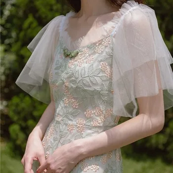 Vară Rochie Floral Pentru Femei Elegante De Epocă Retro Zână Rochie Casual Slim Fit Brodate Dantelă Coreean Dulce Rochie De Femei 2020 Nou
