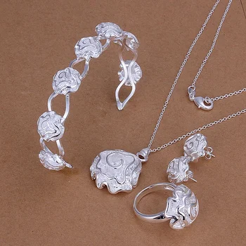 Culoare argintie superba moda nobil elegant de trandafiri de lux brățară colier inel cercel 4buc seturi de bijuterii de argint