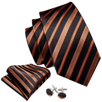 Portocaliu Bărbați Cravată Neagră Cu Dungi, Cravata Gravat Batistă Set De Cravate De Mătase Pentru Bărbați Cadou De Nunta De Afaceri Barry.Wang Designer FA-5250