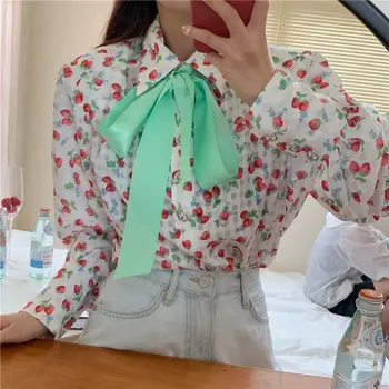 2021 Coreean Blând De Mari Dimensiuni Imprimate Căpșuni Arc Culoare De Epocă-A Lovit Femei Chic Streetwear Maneca Lunga, Bluze