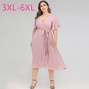 Noi 2021 vara plus dimensiunea rochie midi pentru femei mari maneci scurte largi casual v adânc gât sexy rochie roz curea 3XL 4XL 5XL 6XL