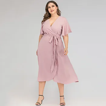 Noi 2021 vara plus dimensiunea rochie midi pentru femei mari maneci scurte largi casual v adânc gât sexy rochie roz curea 3XL 4XL 5XL 6XL