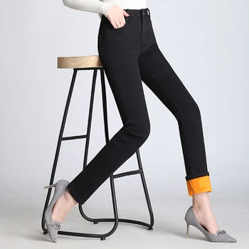Blugi Drepte Femei 2020 Iarna Noi Cald Pantaloni Din Denim Cu Talie Înaltă Fleece Gros Slim Blugi Pantaloni Negru Plus Dimensiune Femei P222