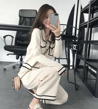 Moda cu dungi tricotate costum pentru femei elegante singur pieptul maneca lunga de sus și tricot largi picior pantaloni 2020 nou costum coreeană