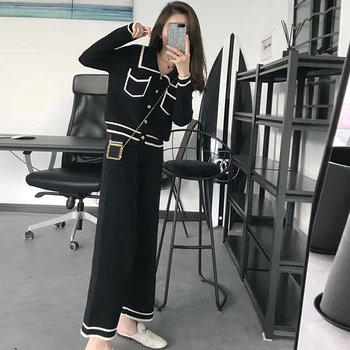 Moda cu dungi tricotate costum pentru femei elegante singur pieptul maneca lunga de sus și tricot largi picior pantaloni 2020 nou costum coreeană