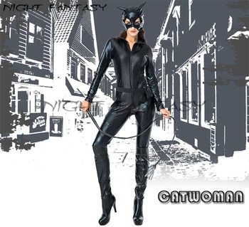 Negru de Femei Sexy Catwoman Salopeta Super-Erou Cat Cosplay Costum de Piele PU Catsuit Roleplay SM Fetish Body Set Cu Masca