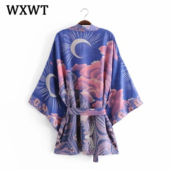 WXWT Femei din Bumbac de Poziționare Apă de Imprimare Cu Centura Kimono Coat 2021 Moda de sex Feminin Liber Casual Sacouri Topuri Chic LP8571