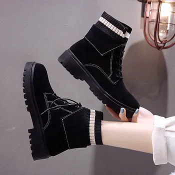 Femei Iarna Cald Martin Glezna Cizme de Moda punk Plus catifea Dantela Sus Pantofi 2020 Toamna anului Nou Șosete Negre cusaturi Bota chelsea