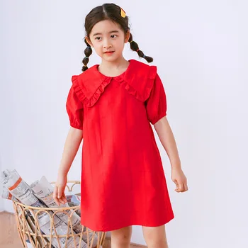 2020 Fete De Vară De Îmbrăcăminte Adolescent Fată Coreean Printesa Rochie De Bumbac Scurtă Roșie Vestidos Dimensiune 4 6 8 10 12 14 Ani