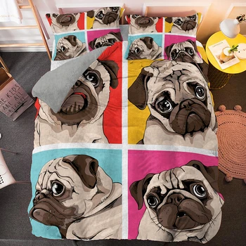 Desene animate Pug Câine Carpetă Acopere Stabilit Câini Beding Seturi Cuvertură 2/3pcs Regina King Size, Picătură de Transport maritim Textile de Casa