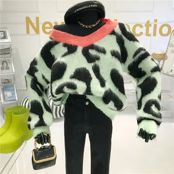 Leopard Contrast V-Neck Pulover Femeie de Toamna/Iarna 2020 Noua Moda casual, sexy vrac top moda
