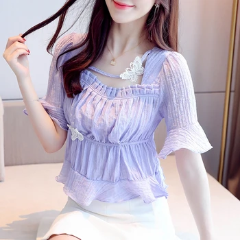 Violet Femei topuri si Bluze Cămăși de Vară 2020 Nou Butterfly Bow Șifon Tricou Femei Îmbrăcăminte coreeană Dantela Vrac Tricouri 61A