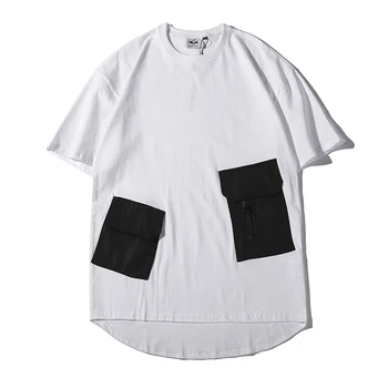 Noi Barbati negru alb gri Extins Tiv Curbat Multi-buzunar maneca Scurta tricou de Vara Hip Hop Supradimensionat din Bumbac de sex Masculin Tee Camasi