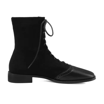 Negru Dantelă Sus Pantofii Cu Toc Mic Glezna Cizme Pentru Femei Roman Retro Toamna Iarna Ghete Pantofi Bottines Femme
