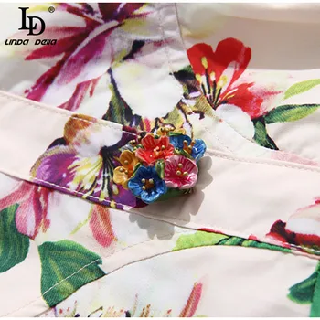 LD LINDA DELLA Moda de Vara Pista de Bumbac Femei Rochie de Curea Spaghete Crescut Butonul Print Floral Elegant Rochii Mini vestidos