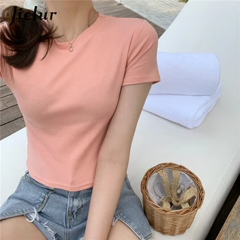 Jielur Vară O-gât Culoare Solidă Scurte T-Shirt cu Maneci Scurte T Shirt pentru Femei Slim Bază Chic coreean Tricou Elastic Tee 10 Culori