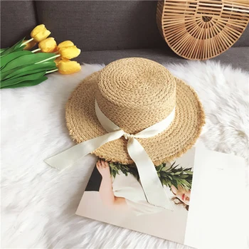 2019 Vara Bowknot Paie Panglică Pălării de Soare pentru Femei Plaja de Moda Pălărie de Soare Margine Largă Pliabil Panama Chapeau Femme Wide Brim Hat