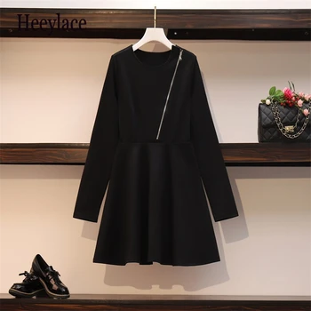 Plus dimensiune toamna iarna o linie de mini-rochie femei, cu maneci lungi cu fermoar negru de dimensiuni mari, de înaltă calitate, elastic doamnelor rochie de moda