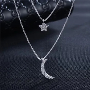 Argint 925 lungi star luna cravată coliere pandantiv moda sterling-silver-bijuterii colier statement pentru Femei Kolye