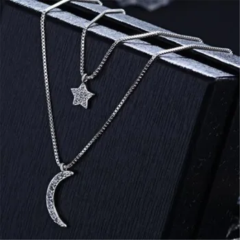 Argint 925 lungi star luna cravată coliere pandantiv moda sterling-silver-bijuterii colier statement pentru Femei Kolye