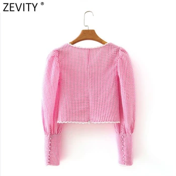 Zevity femei vintag pătrat guler carouri roz scurtă de imprimare bluza bluza lady chic curtea blusas dantelă margine tricou trunchiate topuri LS7004
