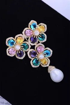 OKILY Delicat Colorate Zircon Floare Broșe pentru Femei Romantic Perla Brosa Pin Moda Bijuterii Accesorii Eșarfă șal Clip
