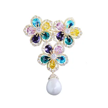 OKILY Delicat Colorate Zircon Floare Broșe pentru Femei Romantic Perla Brosa Pin Moda Bijuterii Accesorii Eșarfă șal Clip