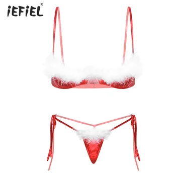 Vânzare fierbinte Sexy de Crăciun Babydoll Sexy Costume Roșii Femei Sexy Lenjerie Set Sutien G-string Pene Albe Lenjerie Erotica Lenjerie
