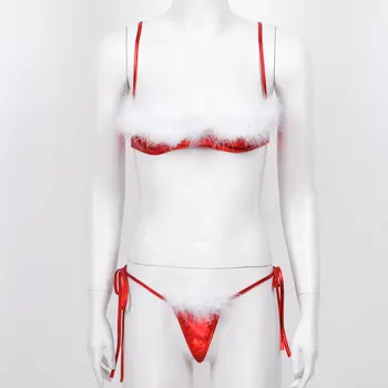 Vânzare fierbinte Sexy de Crăciun Babydoll Sexy Costume Roșii Femei Sexy Lenjerie Set Sutien G-string Pene Albe Lenjerie Erotica Lenjerie
