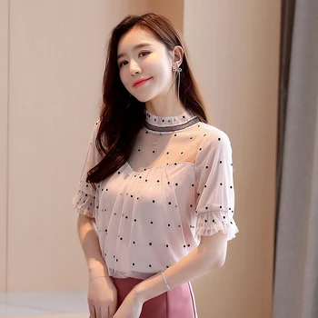 Coreeană De Moda De Îmbrăcăminte Maneca Scurta Cu Buline Topuri De Vara Blusas Mujer De Moda 2021 Plasă De Sifon Blosue Femei Haine 8852 50