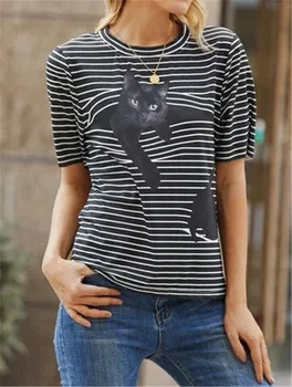 Graphic Tee Tricou pentru Femei-Pisică Drăguț Model cu Maneci Scurte Streetwear Femei Top cu Dungi de Imprimare Harajuku Kawaii Tricou